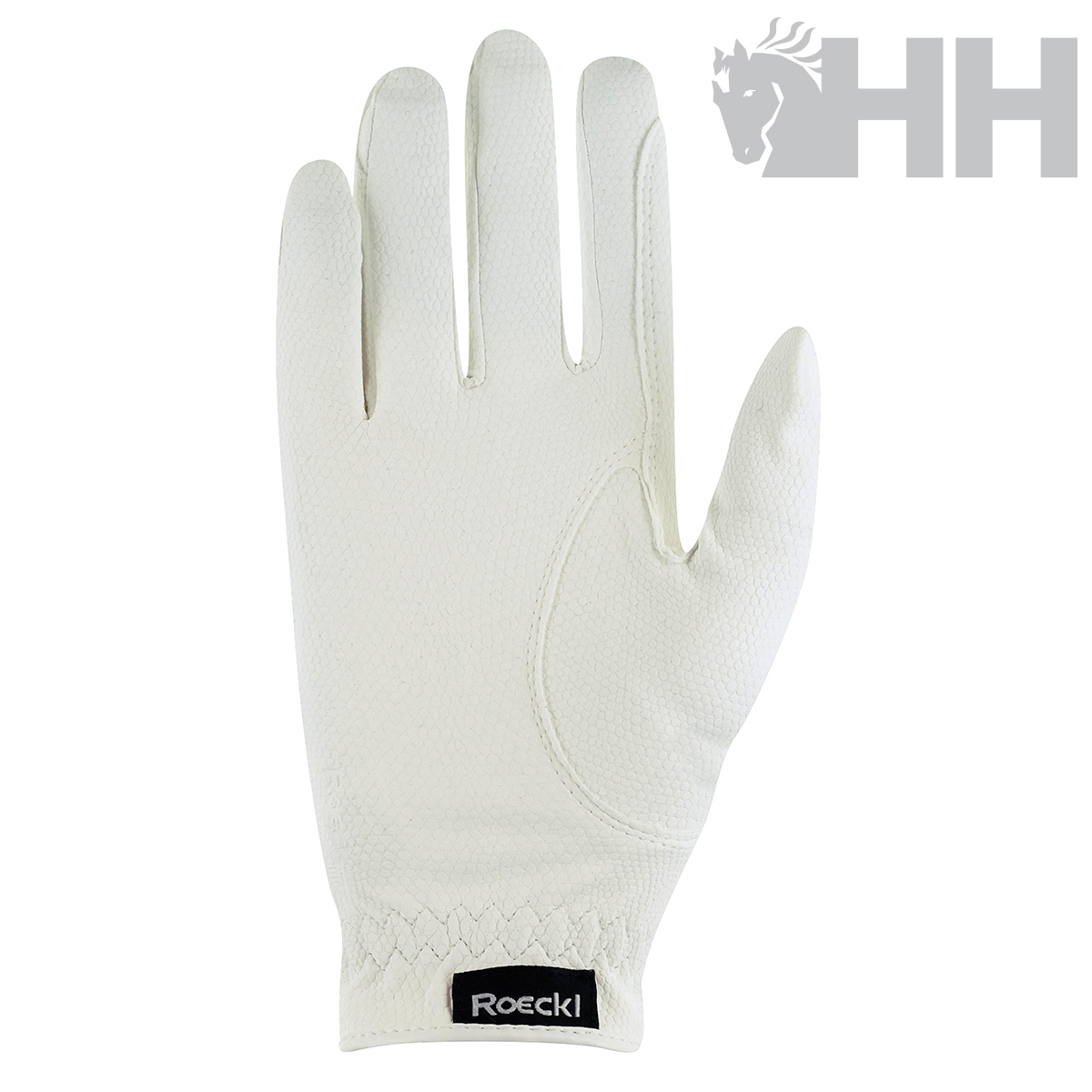 Luvas brancas de pele com etiqueta Roeckl e logotipo HH cinzento
