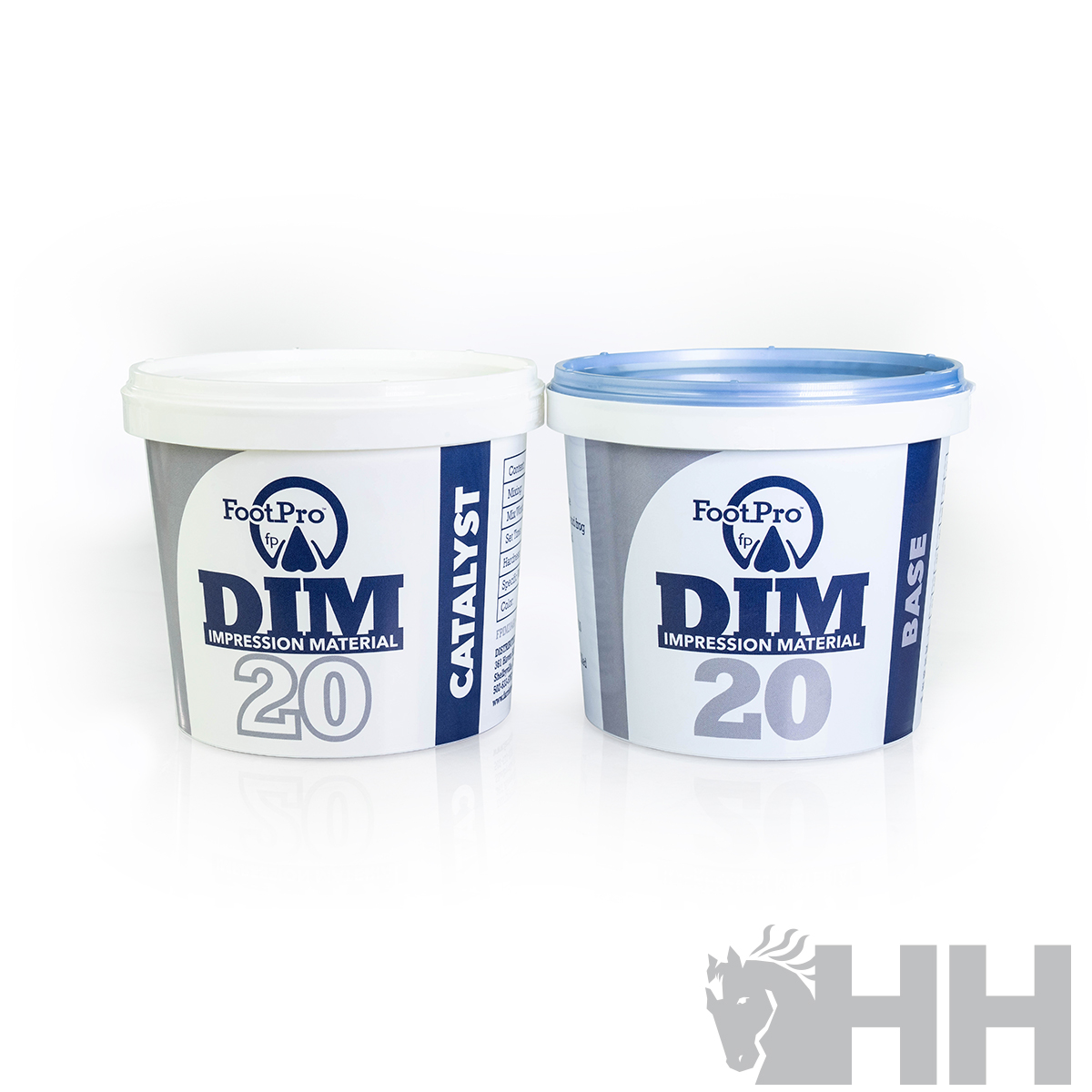 Recipientes de impressão FootPro DTM 20, um CATALYST com tampa branca e outro BASE com tampa azul.