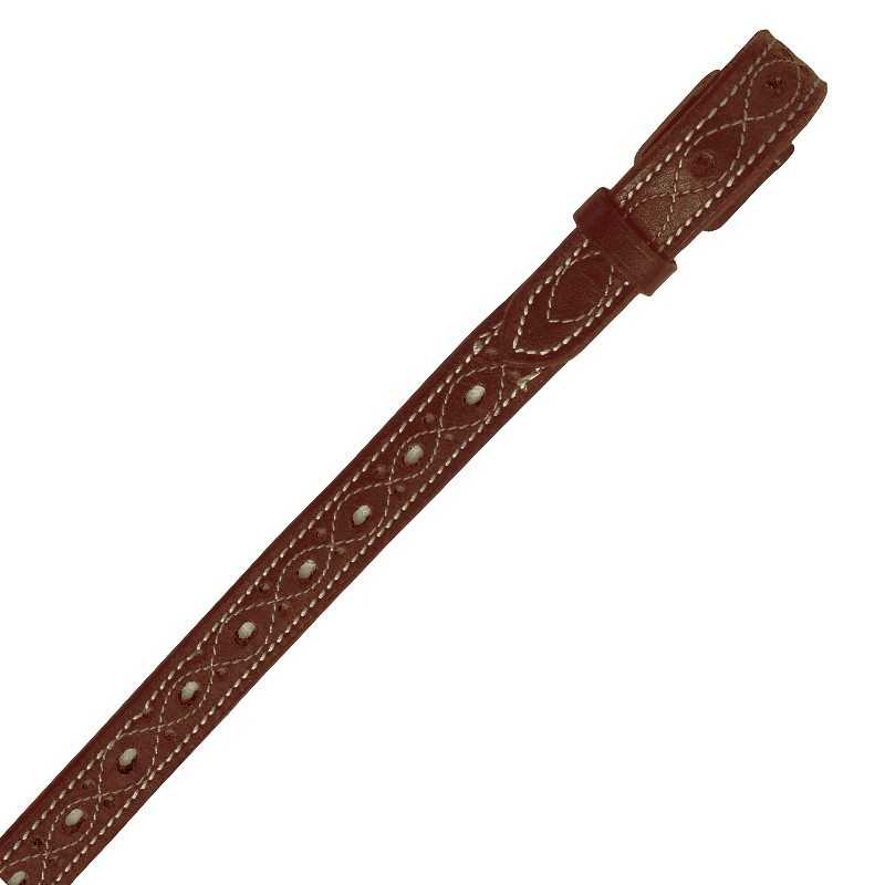 Correia de relógio em pele castanha com costura branca e furações