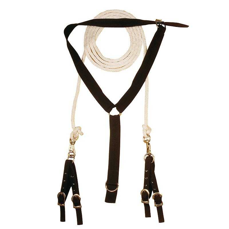 Conjunto de estribos pretos com rédeas brancas trançadas