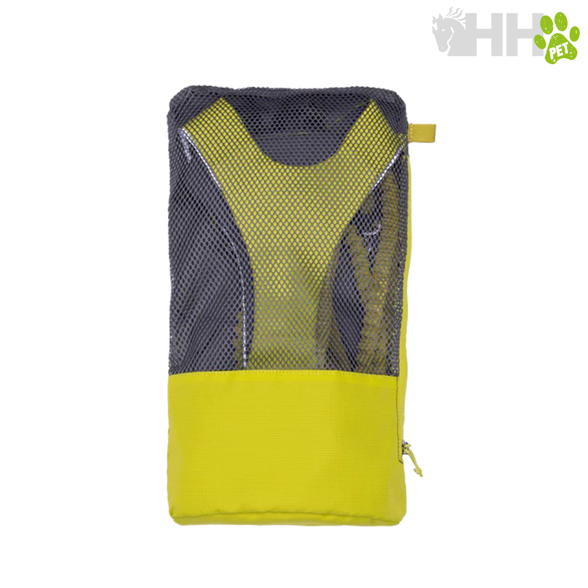 Saco amarelo e preto com zona de rede, fecho de correr e equipamento interno