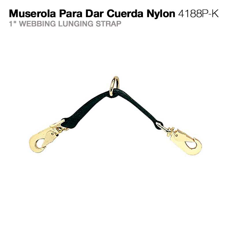 Muserola de nylon preta com mosquetões metálicos dourados e texto