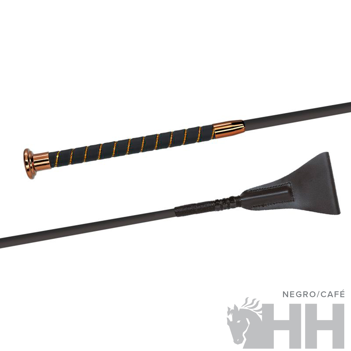 Chicote de equitação preto e dourado com ponta de couro preto