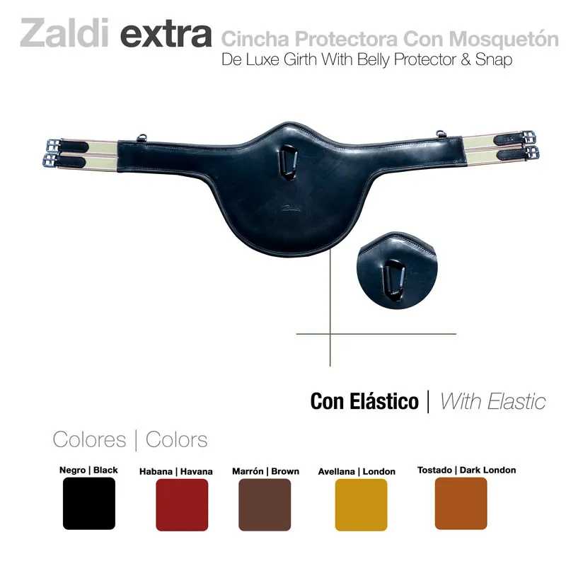Cincha protetora preta em pele com fechos metálicos e texto da marca Zaldi extra