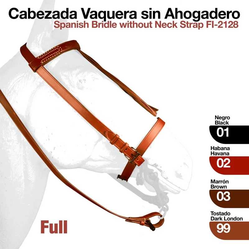 Cabeçada vaqueira espanhola castanha com fivelas metálicas em fundo branco e texto explicativo.