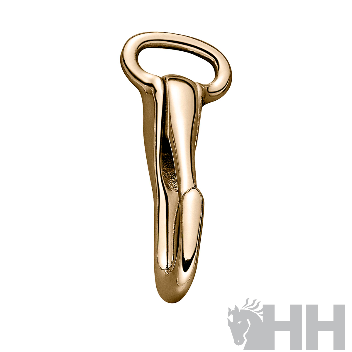 Gancho metálico dourado brilhante com design liso e formato alongado