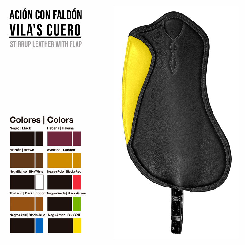 Estribo de couro preto com aba amarela ao lado de paleta de cores e texto em espanhol e inglês