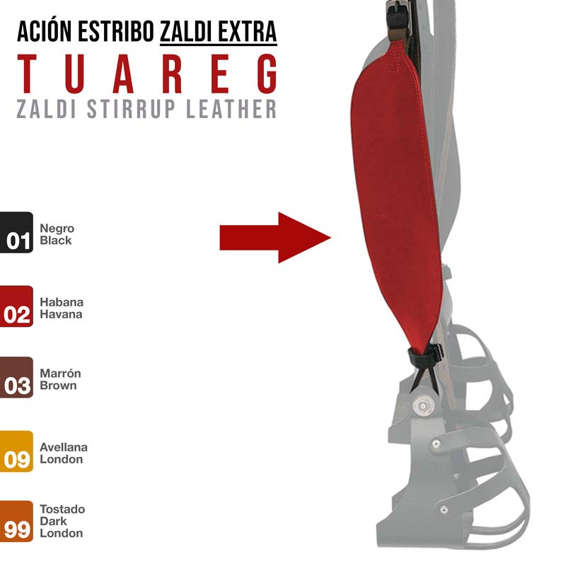 Estribo de couro vermelho ZALDI EXTRA TUAREG com lista de cores e texto informativo.