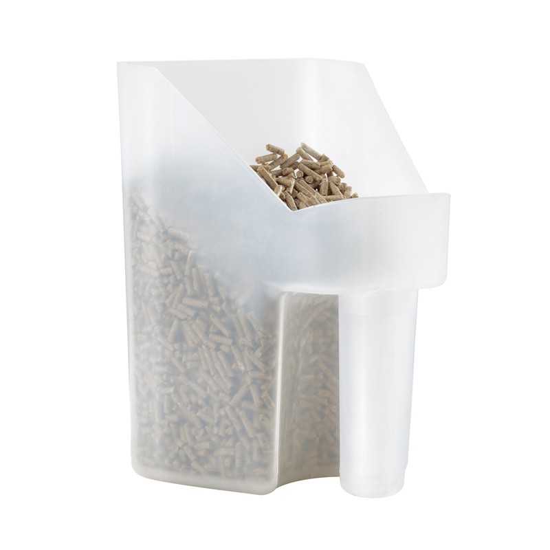 Recipiente de plástico fosco com bico aplicador e grânulos castanhos no interior