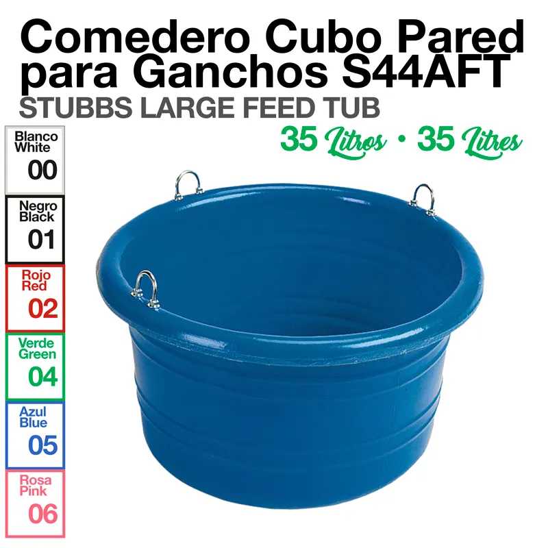 Comedouro cubo de parede azul com ganchos metálicos e capacidade de 35 litros.