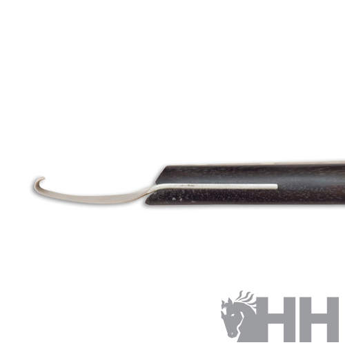 Instrumento metálico curvado com cabo preto e logótipo HH cinzento