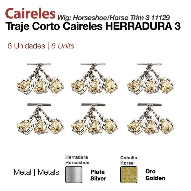Seis adereços para cabelo em formato de ferradura metalizados em prata e dourado, com texto informativo.