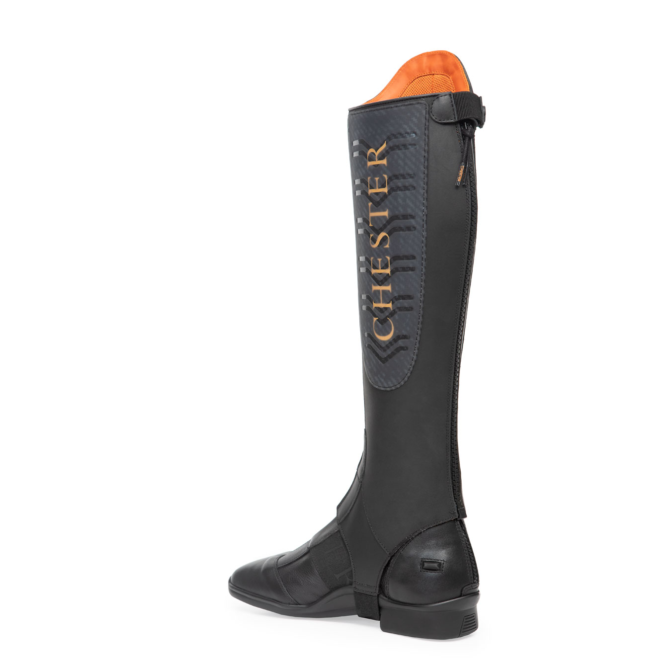 Bota de equitação preta com texto CHÊSTER na lateral e interior laranja