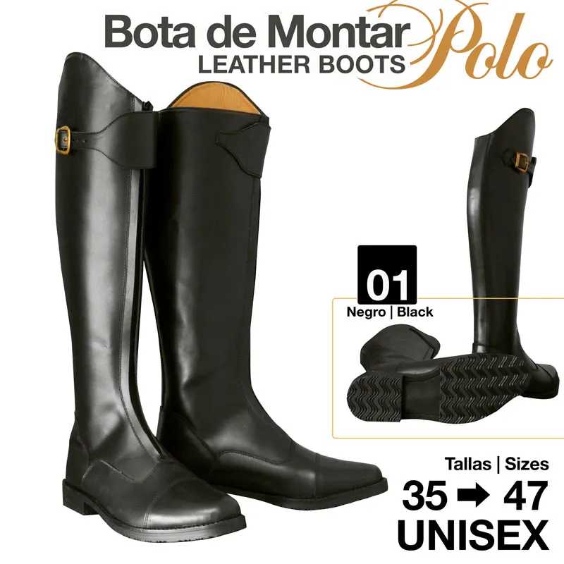Bota de montar alta preta em pele com sola preta e fivela
