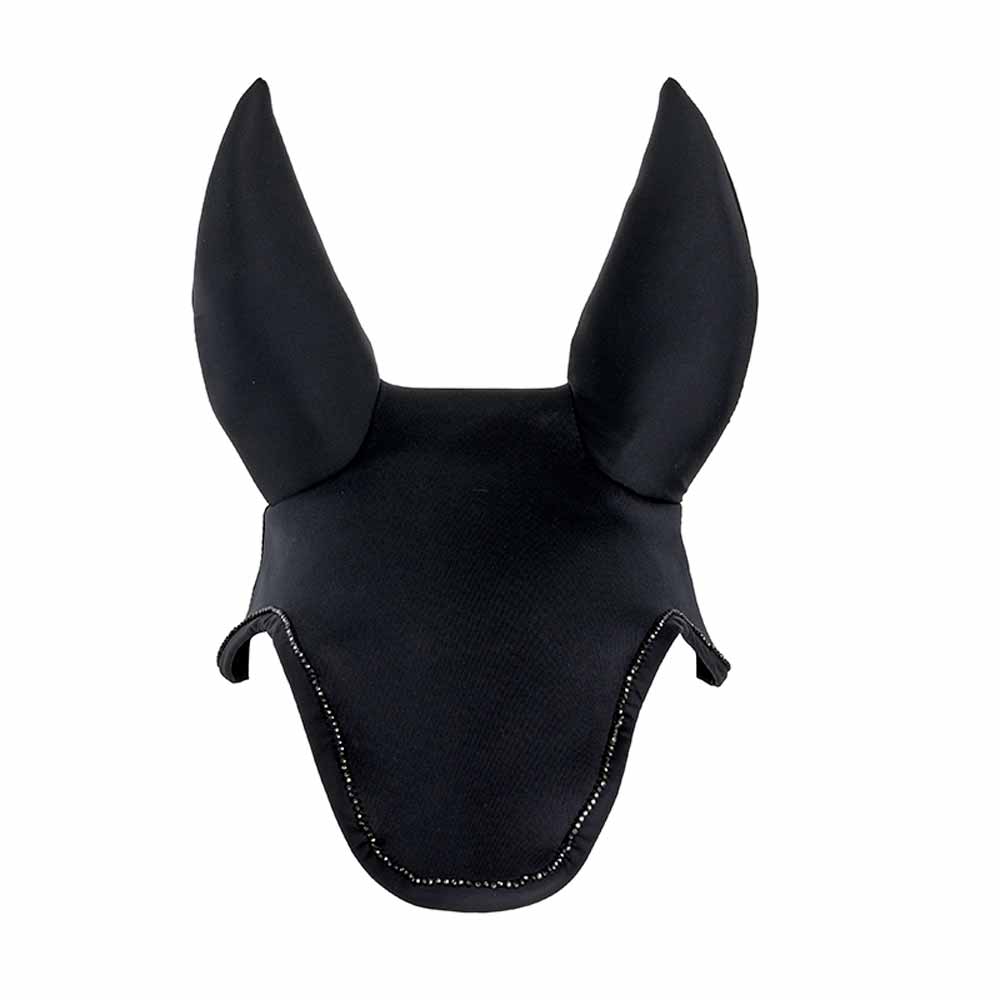 Touca preta para cavalo com duas orelhas pontiagudas e detalhe bordado