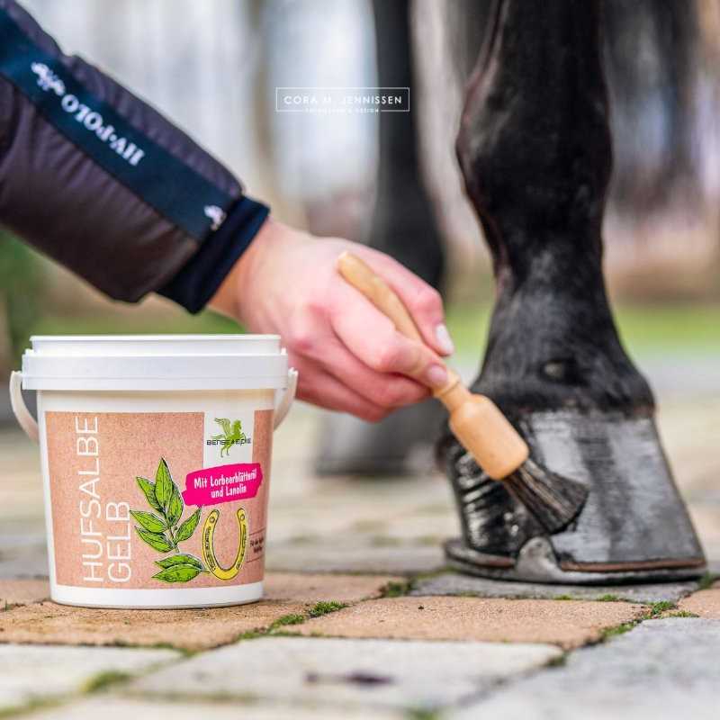 Balde branco de pomada para cascos HUFSALBE GELB e pessoa a aplicar em casco de cavalo preto