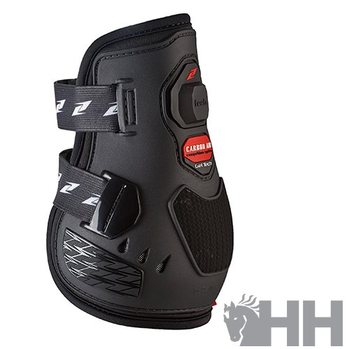 Protector de equitação preto com fechos de velcro e detalhes em vermelho e cinzento