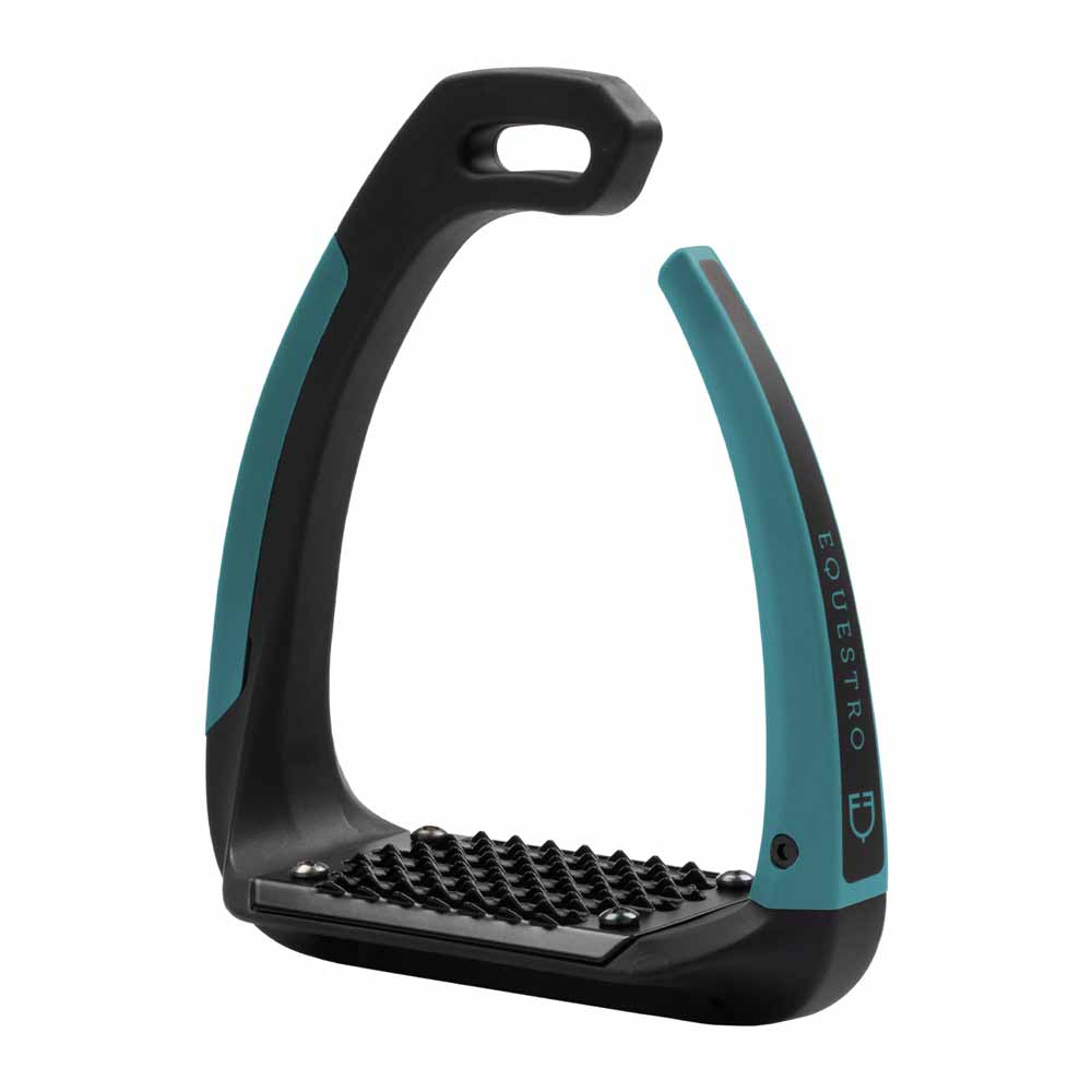 Estribo de equitação preto e azul com plataforma antiderrapante e marca EQUESTRO