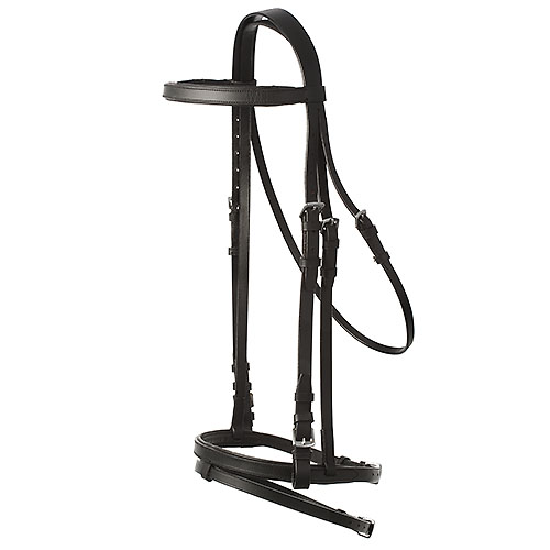 Freio de cavalo em couro preto com fivelas metálicas