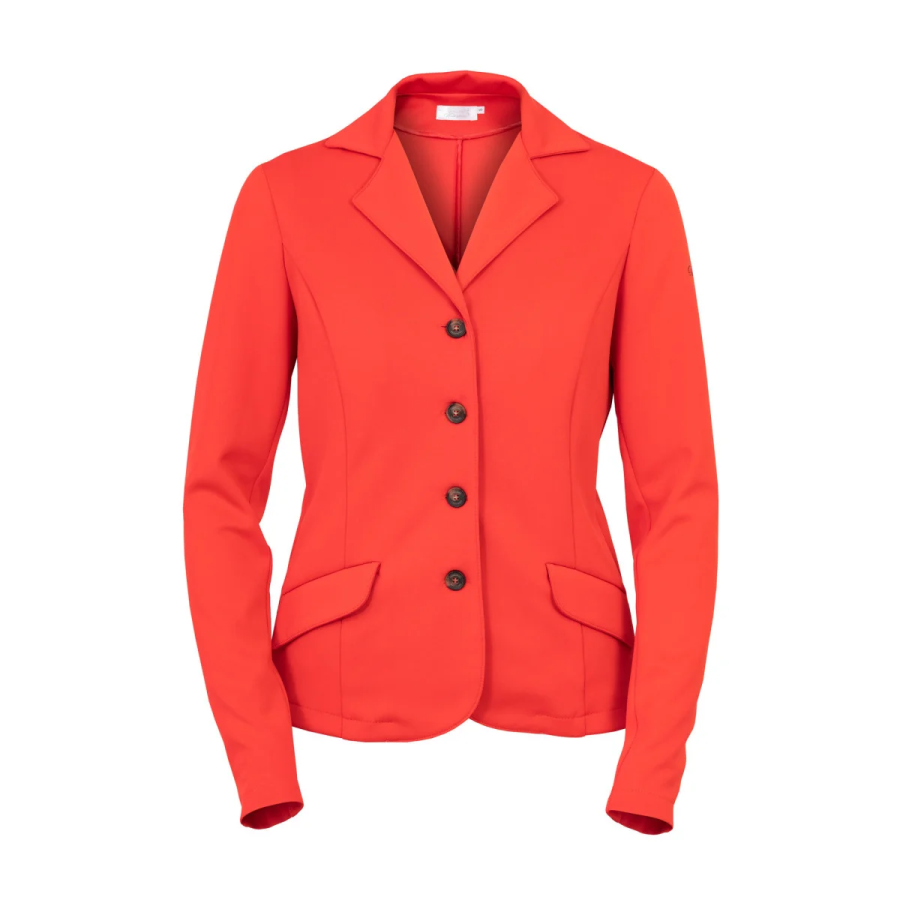 Blazer feminino vermelho com botões pretos e bolsos frontais