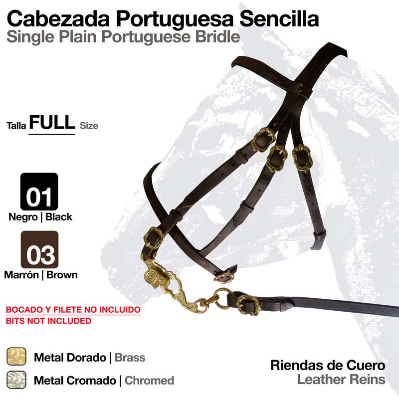 Cabeçada Portuguesa Sencilla com ferragens em metal dourado e correias de couro em fundo branco.