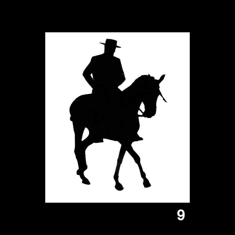 Silhueta preta de pessoa com chapéu montada em cavalo sobre fundo branco com número 9