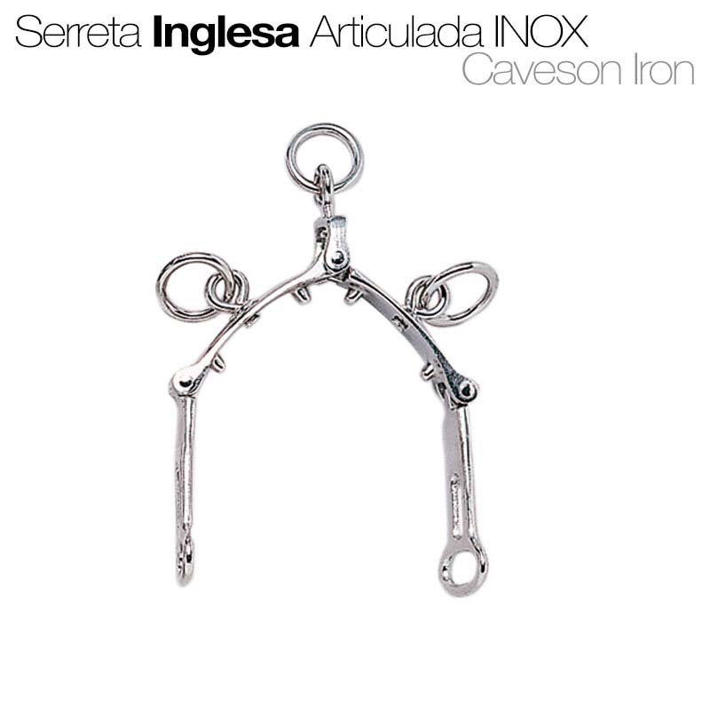 Serreta Inglesa Articulada INOX prateada com argolas, sobre fundo branco
