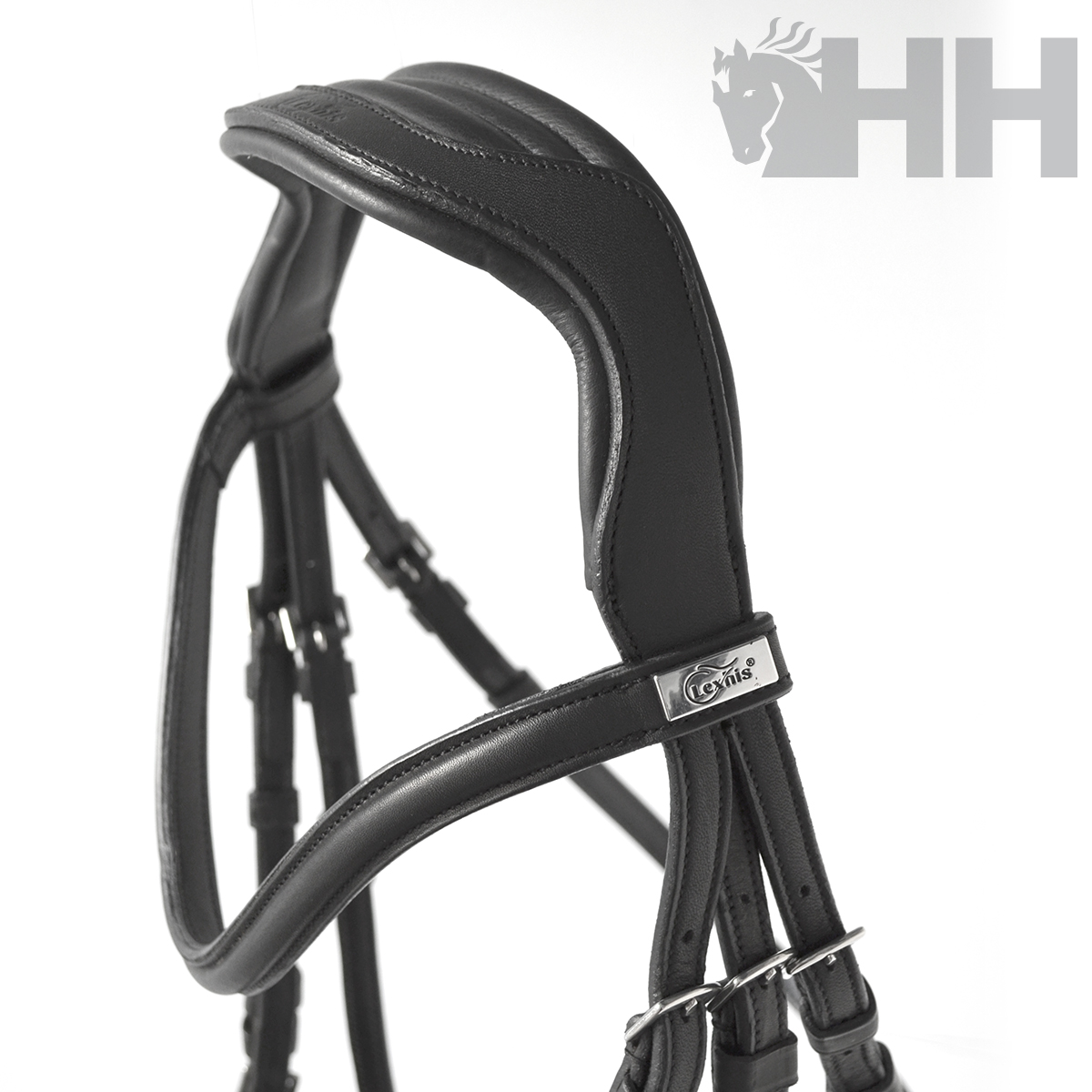 Bridão de equitação em couro preto com detalhes acolchoados e etiqueta Genesis