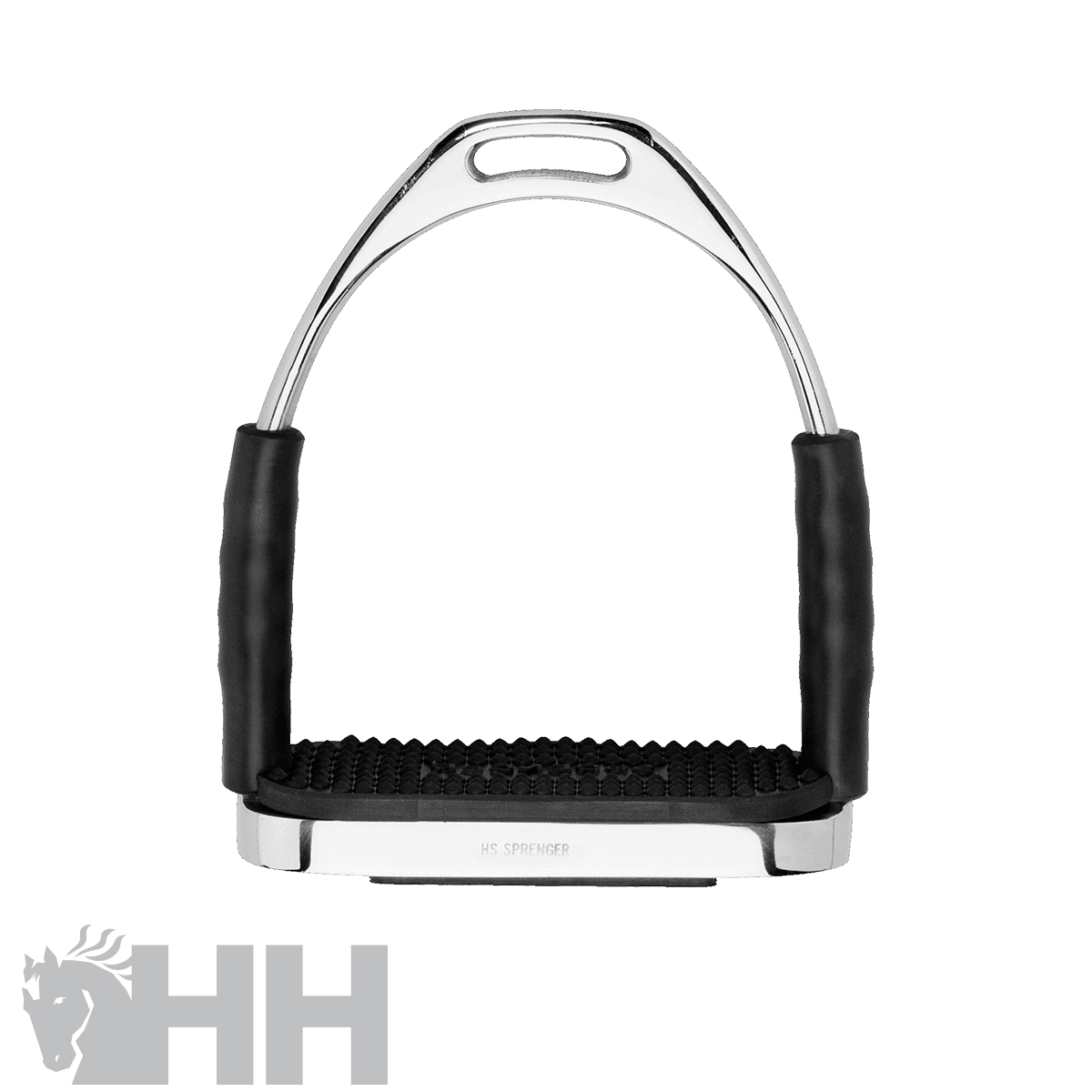 Estribo de equitação em metal cromado com base e punhos pretos