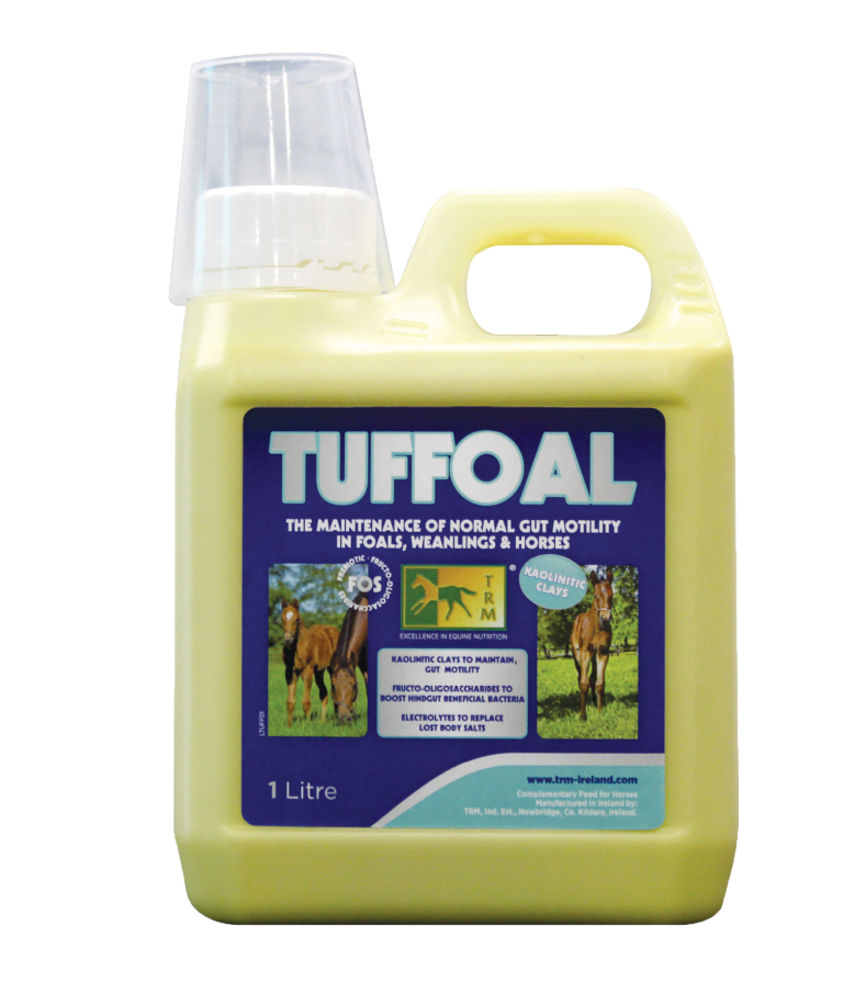 Frasco amarelo TUFFOAL 1 litro com tampa branca e rótulo azul para cavalos