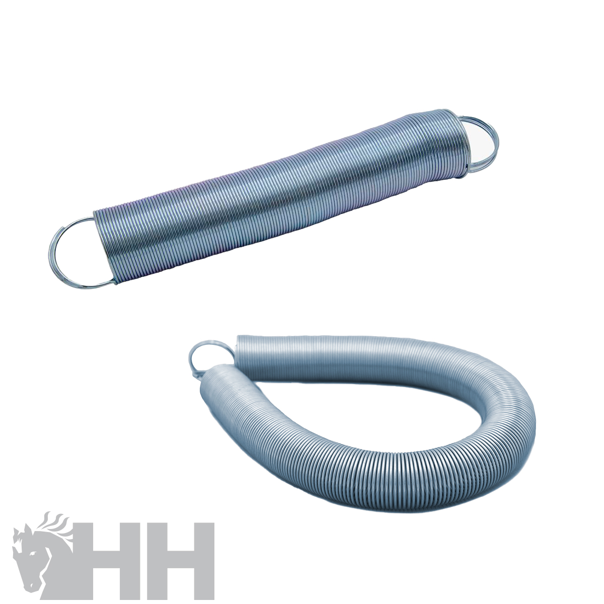 Primavera metálica prateada com ganchos nas extremidades, em fundo branco