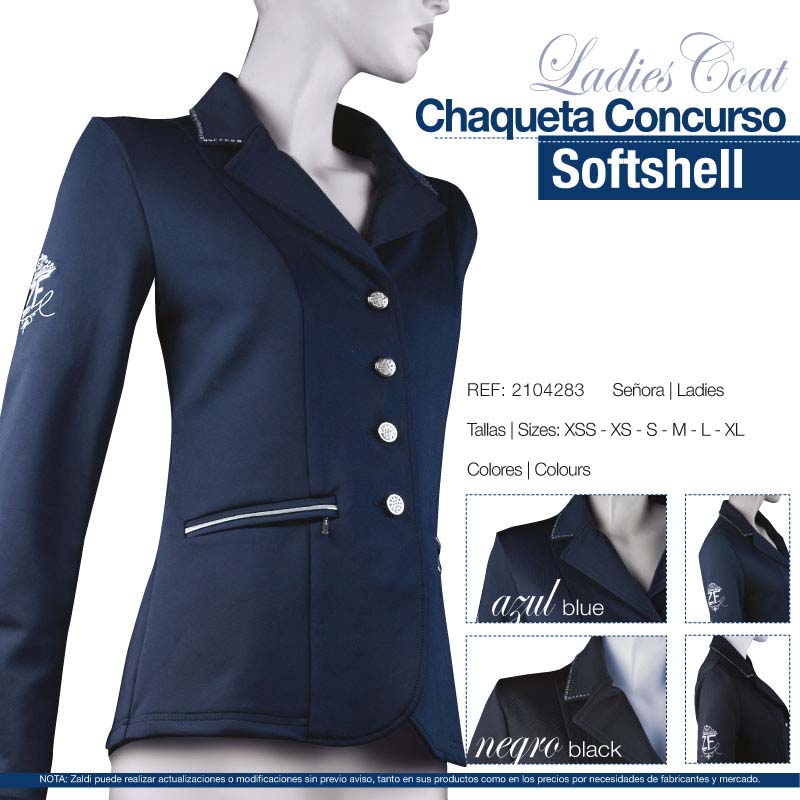 Blazer feminino azul escuro de softshell com botões prateados e bolso com zíper