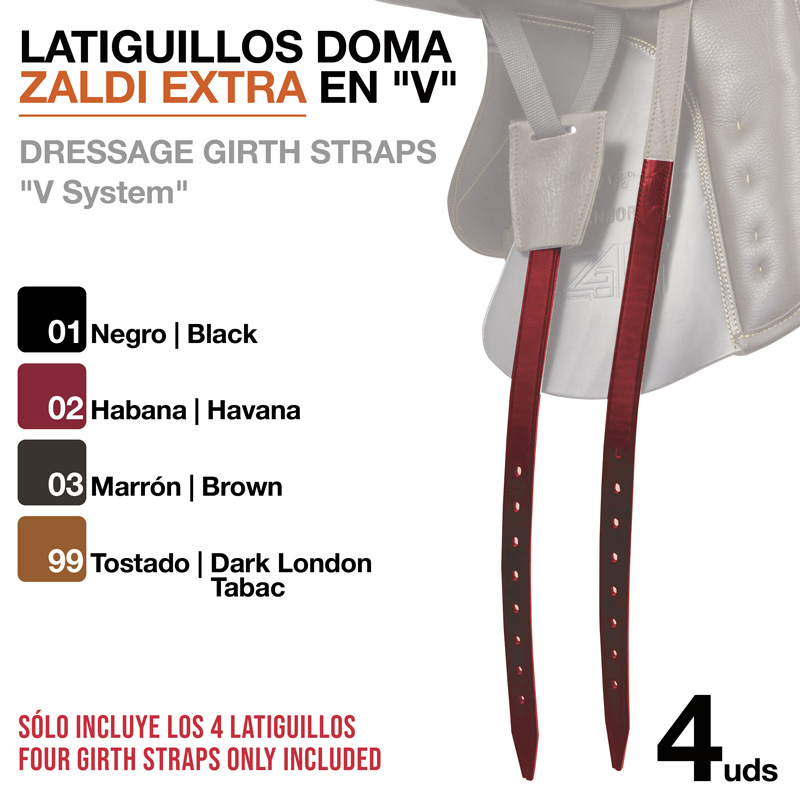 Latiguillos de doma Zaldi Extra em couro vermelho presas a equipamento de equitação branco