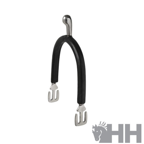 Espora de montaria em metal com parte preta, fundo branco, logótipo HH