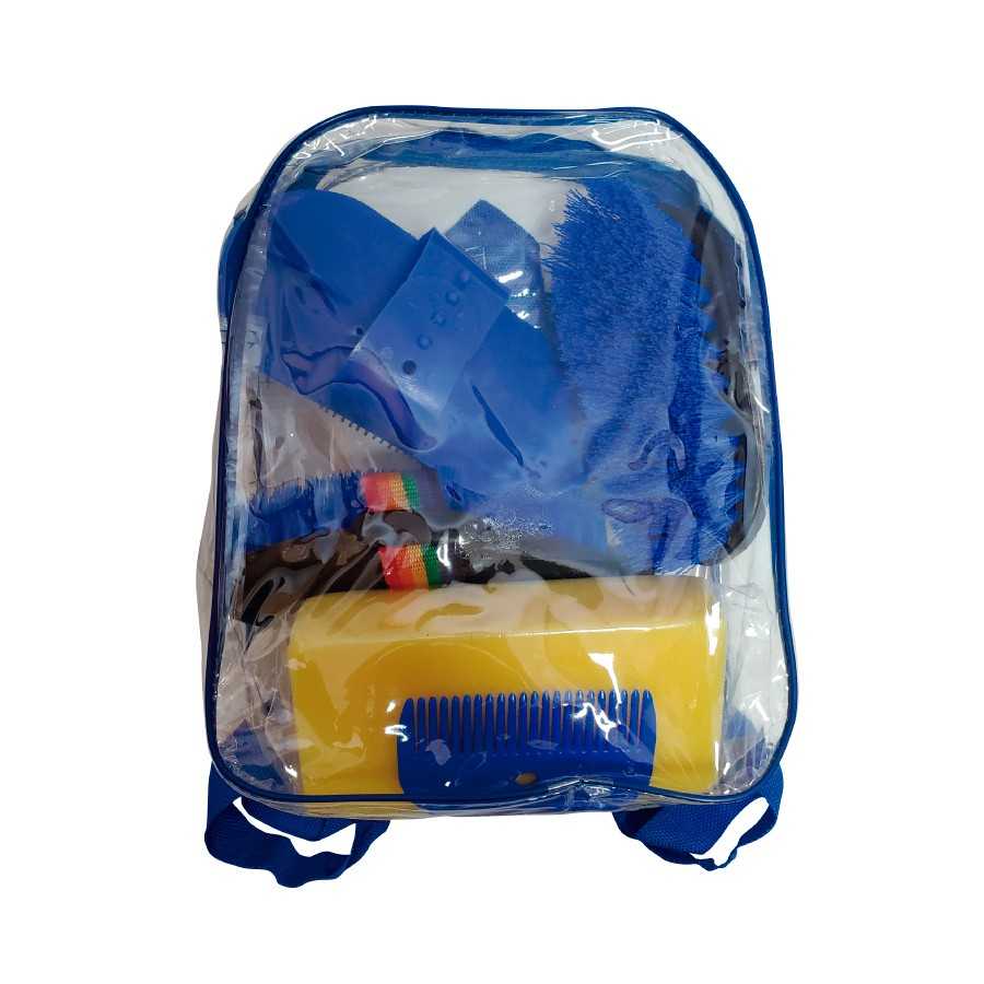 Mochila transparente com acessórios de banho azuis