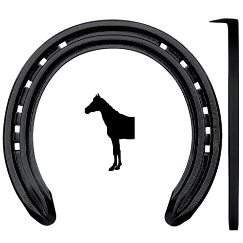 Ferradura metálica preta vista superior e lateral com símbolo de cavalo