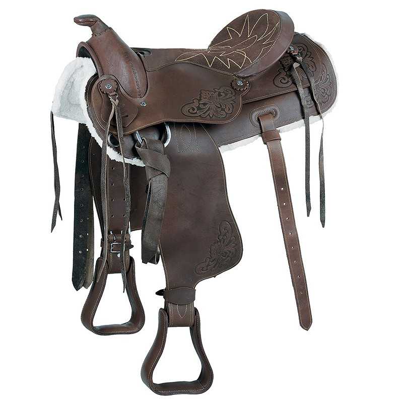 Sela de equitação ocidental em couro castanho com bordados decorativos e acolchoamento branco