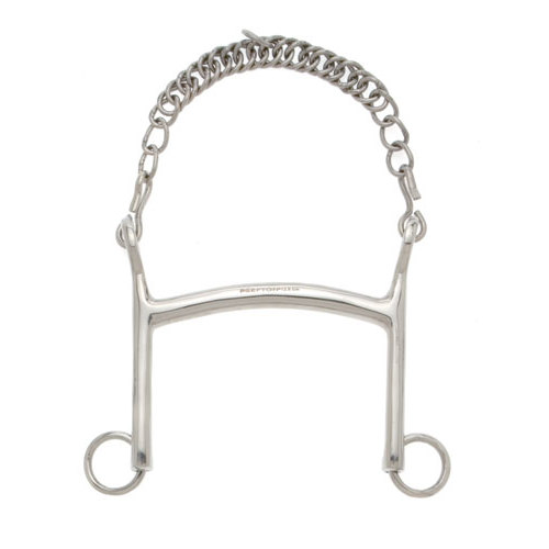 Freio de cavalo metálico com corrente e argolas, cor prateada