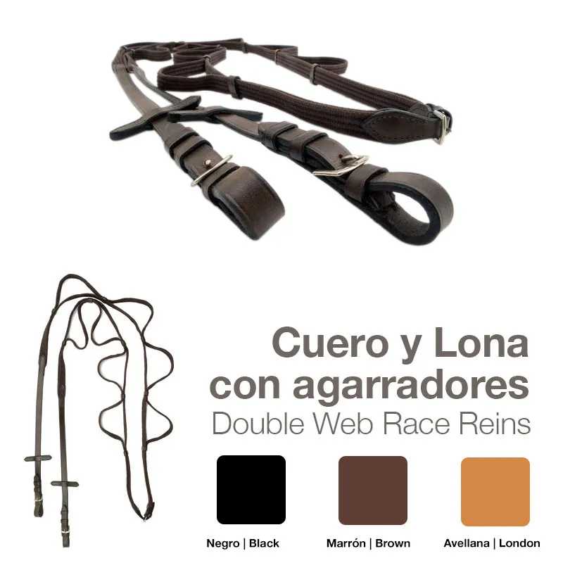 Rédeas para corrida Double Web Race em couro e lona com agarradores em três cores