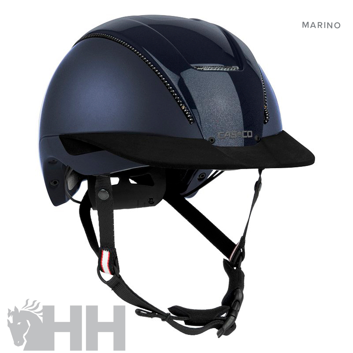 Capacete de equitação azul marinho com viseira preta e tira regulável