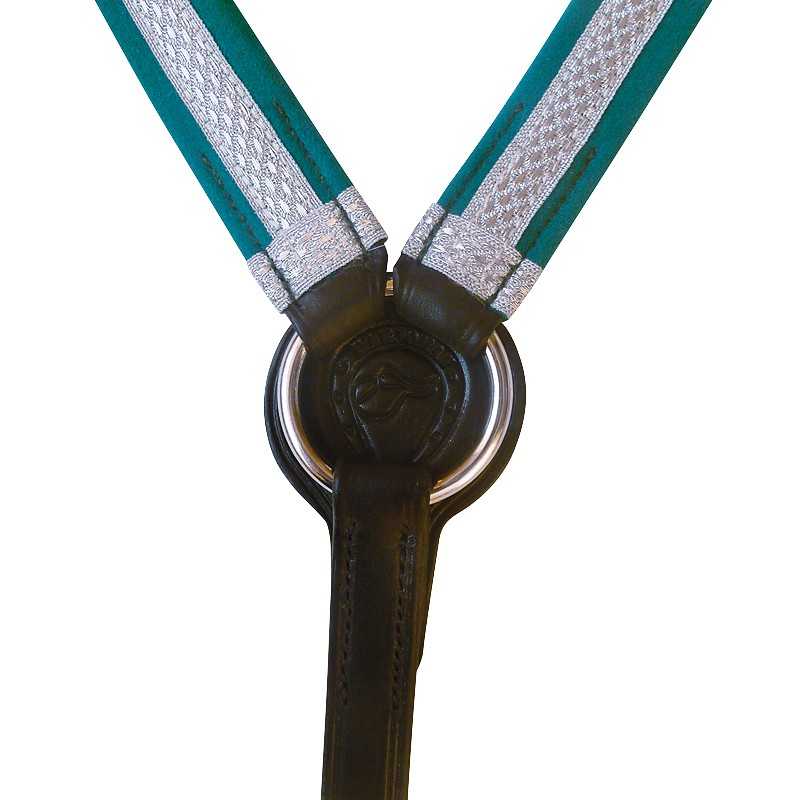 Suspensório azul turquesa e cinza com detalhes em couro e fivela metálica