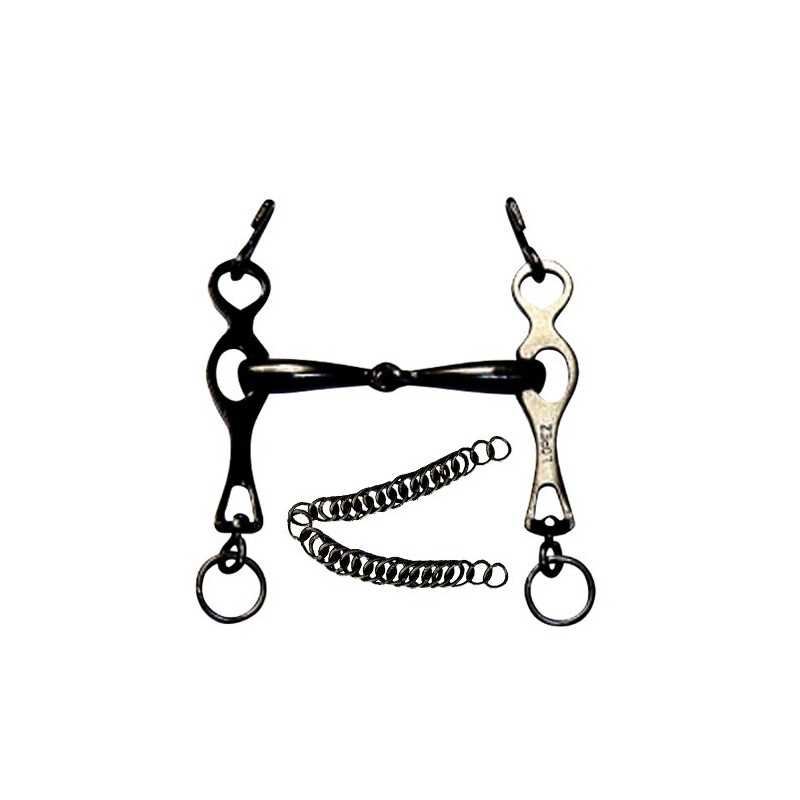 Freio metálico com barras, argolas e corrente em fundo branco