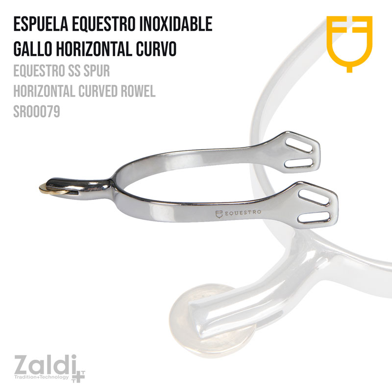 Espora inoxidável curva para equitação em fundo branco com texto e logótipos.