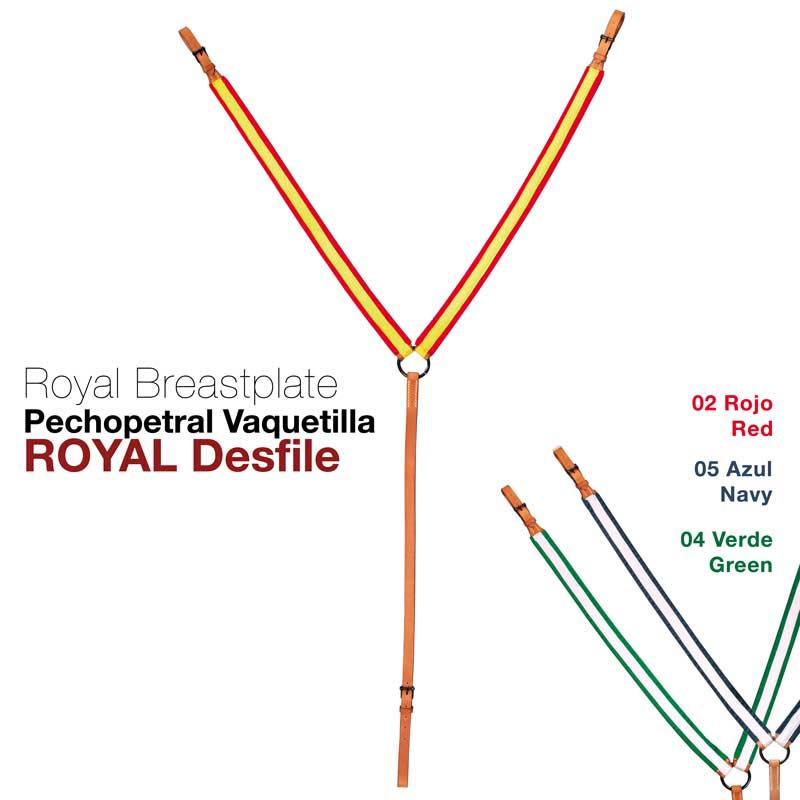 Peitoral vaquetilla Royal Desfile com tiras em couro castanho e tecido colorido vermelho, azul marinho e verde