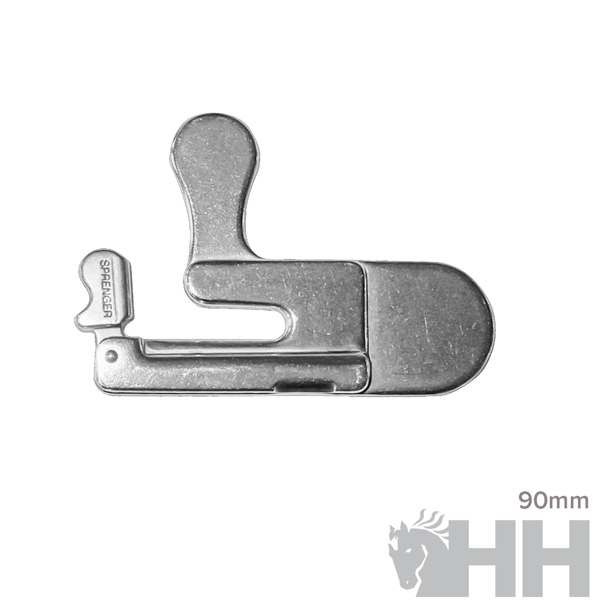 Máquina de costura portátil metálica prateada com texto 'SUPER GENERAL'