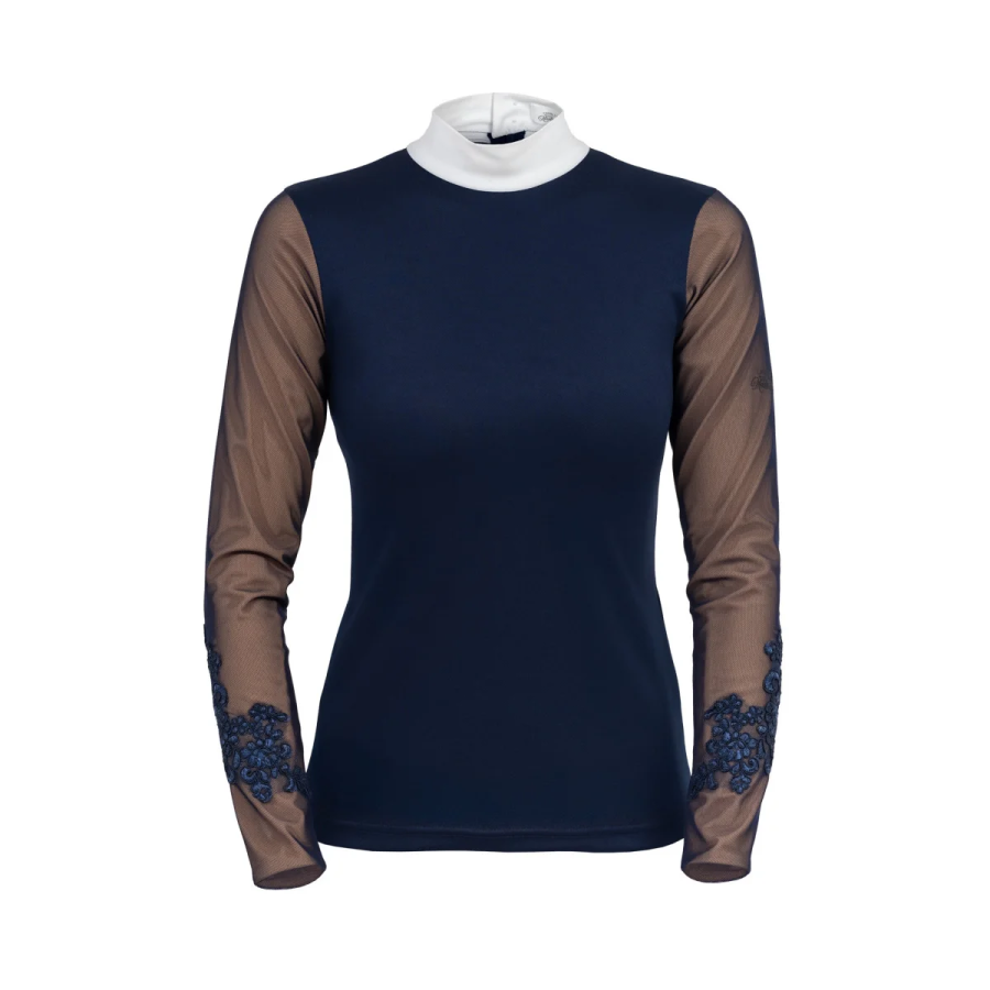 Camisola feminina azul com gola alta branca e mangas transparentes com renda azul.