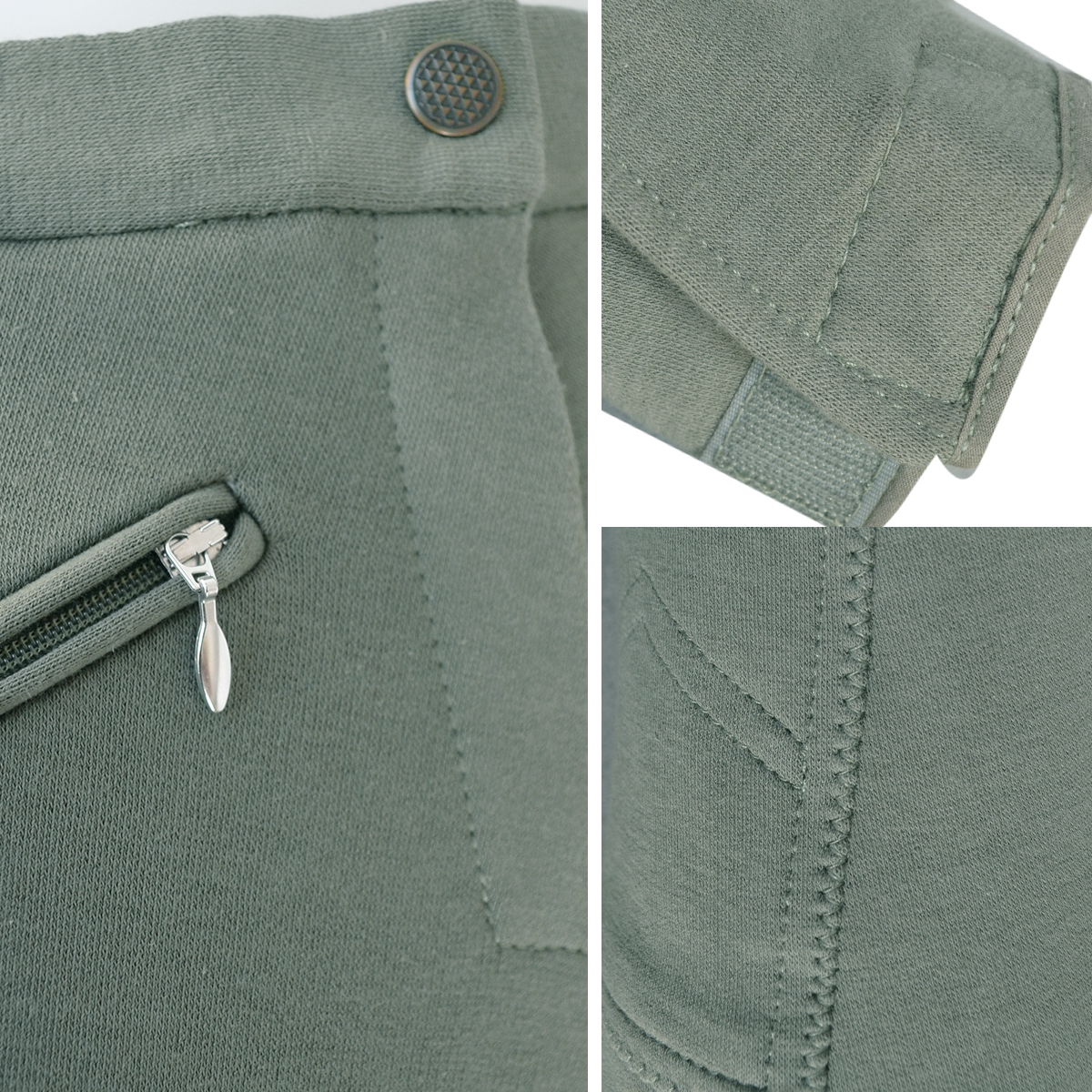 Detalhes de calças cinza esverdeadas com fecho de correr, botão e velcro