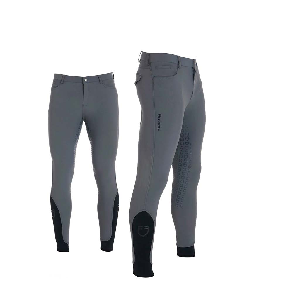 Calças de equitação cinzentas com detalhes pretos e reforço antiderrapante