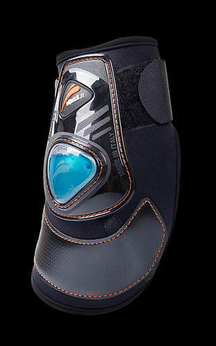 Protector de joelho preto com detalhes azuis e costuras laranja