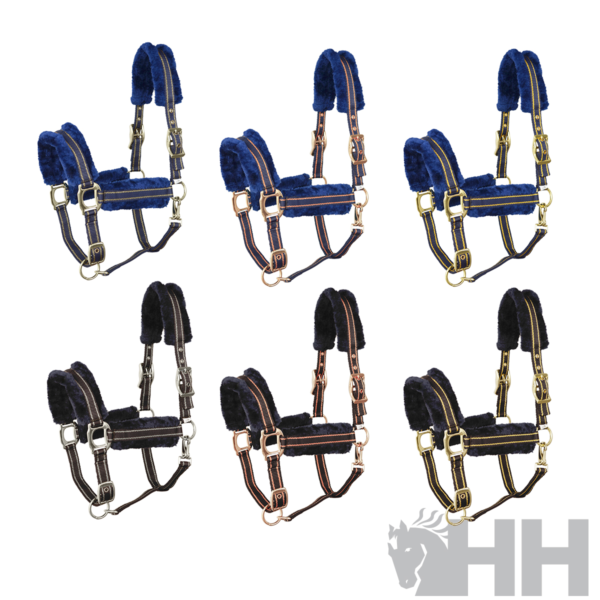 Seis cabrestos para cavalo almofadados azul e preto com ferragens metálicas